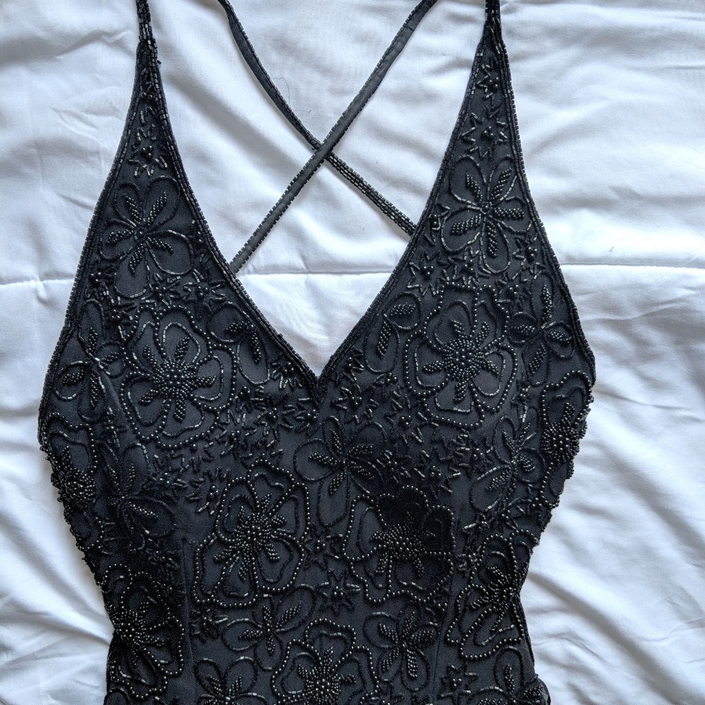 Vintage Silk Hand Beaded Black Dress Gown Wedding - Picture 5 of 8